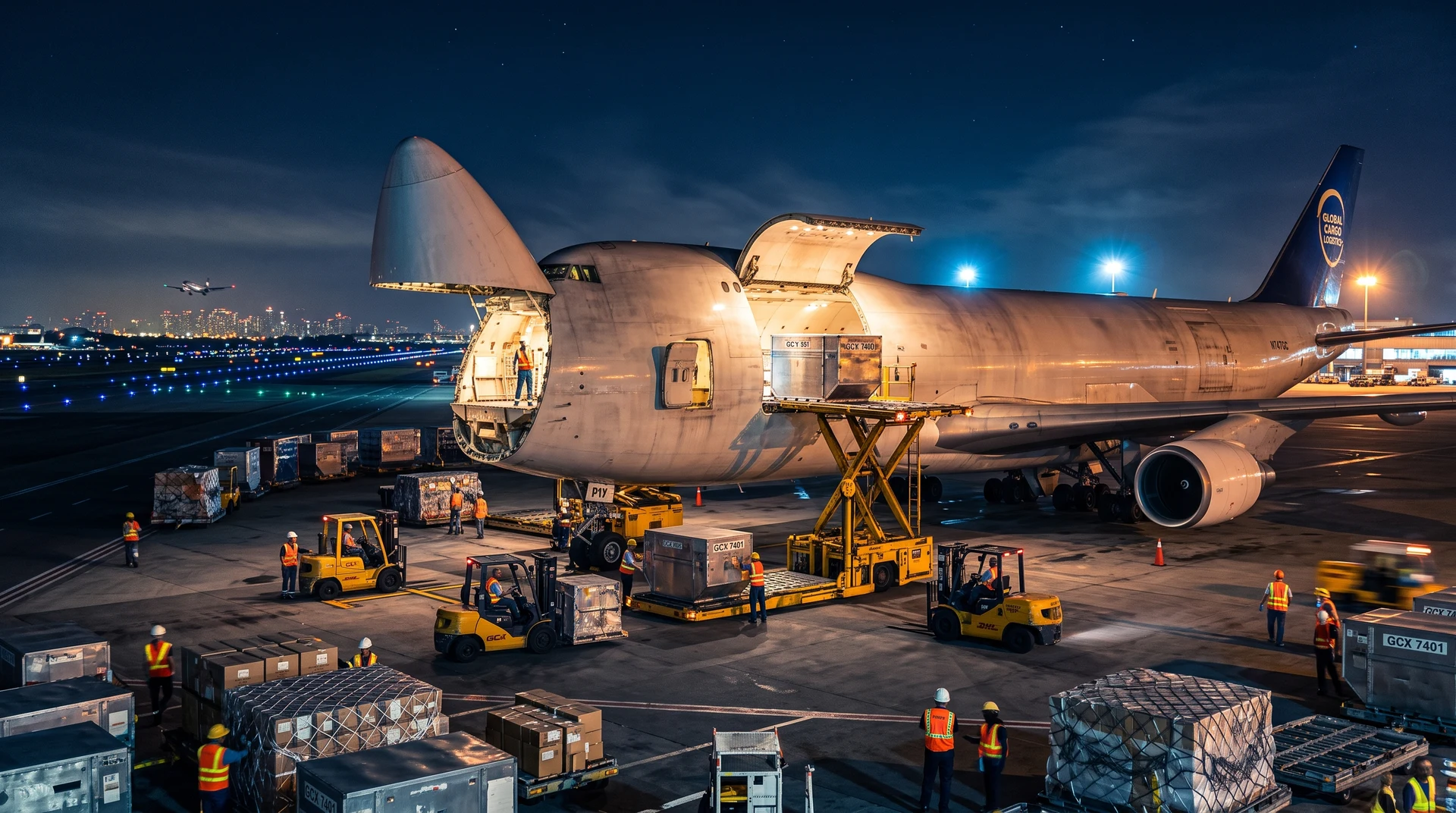 A freight aircraft being loaded with cargo at night