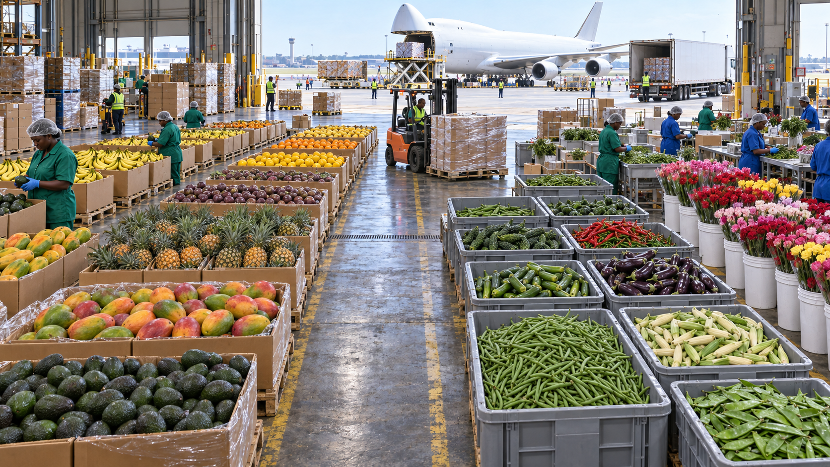 Fresh Kenyan fruits, vegetables and cut flowers being prepared for export beside a cargo aircraft