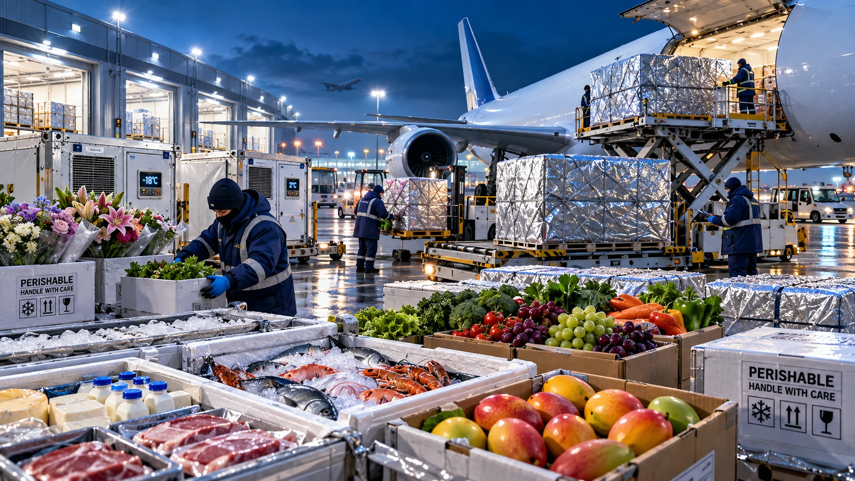 Temperature-controlled air freight with flowers and carefully packed produce
