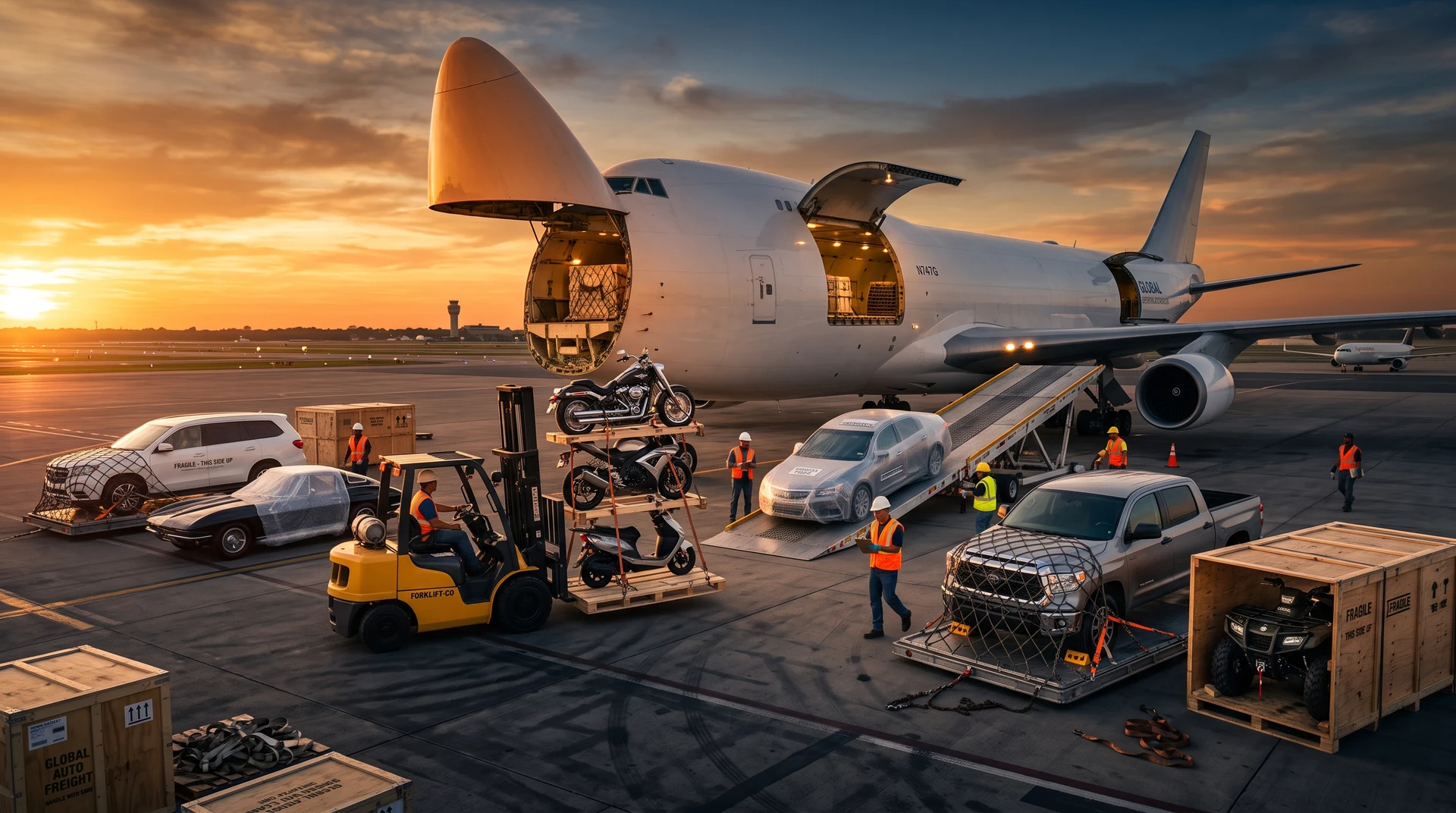 Cars and motorcycles being prepared for aircraft loading